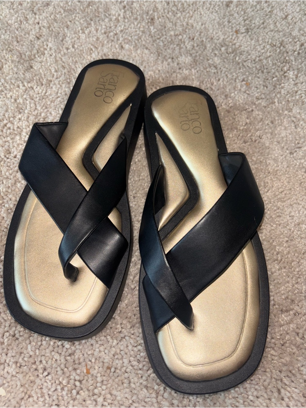 Franco Sarto Black and Gold Crisscross Slide Sandals